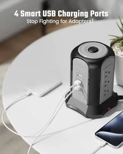 Power Strip Tower Surge Protector, SUPERDANNY Desktop Charging Station, 10 Ft Extension Cord, 9 Outlets, 4 USB Ports, 1080 Joules, 3-Prong, Grounded, Multiple Protections for Home, Office, Black - 3