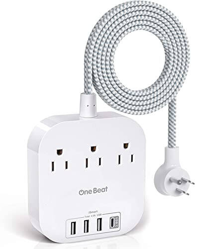 Power Strip with USB C, 3 Outlets 4 USB Ports (22.5W/4.5A) Desktop Charging Station, Flat Plug, 5ft Braided Extension Cord, Non Surge Protector for Travel, Cruise Ship, ETL Listed - 1