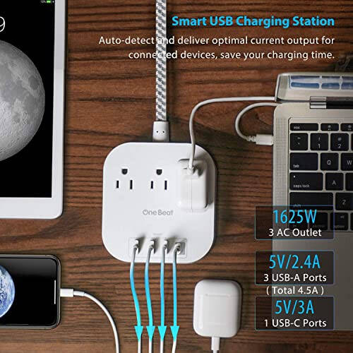 Power Strip with USB C, 3 Outlets 4 USB Ports (22.5W/4.5A) Desktop Charging Station, Flat Plug, 5ft Braided Extension Cord, Non Surge Protector for Travel, Cruise Ship, ETL Listed - 2