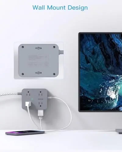 Power Strip with USB C Ports(2 USB C), HANYCONY 8 Outlets Surge Protector with 5 Ft Extension Cord, Flat Plug Wall Mount, Desk Charging Station for Home Office, ETL Listed Gray - 6