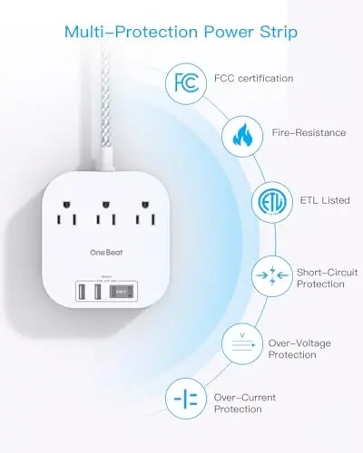 Power Strip with USB C,15ft Extra Long Braided Extension Cord 22.5W | 3 Outlets 4 USB Ports, Desktop Charging Station, Flat Plug, Non Surge Protector, Large Room Travel Cruise, ETL Listed, White - 1