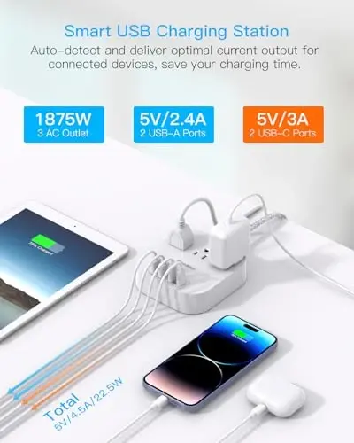 Power Strip with USB C,15ft Extra Long Braided Extension Cord 22.5W | 3 Outlets 4 USB Ports, Desktop Charging Station, Flat Plug, Non Surge Protector, Large Room Travel Cruise, ETL Listed, White - 5