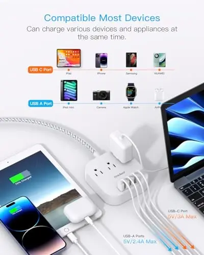 Power Strip with USB C,15ft Extra Long Braided Extension Cord 22.5W | 3 Outlets 4 USB Ports, Desktop Charging Station, Flat Plug, Non Surge Protector, Large Room Travel Cruise, ETL Listed, White - ONE BEAT (1)