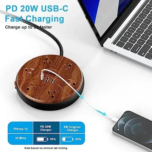 Power Strip with USB, PD 20W USB-C Charging, 6.5 FT Extension Cord with 6 Outlets, 1 USB-C, 2 USB-A, TOPREK Power Strip Surge Protector, Wood Finish Desk Charging Station for Home, Office, Dorm - 3