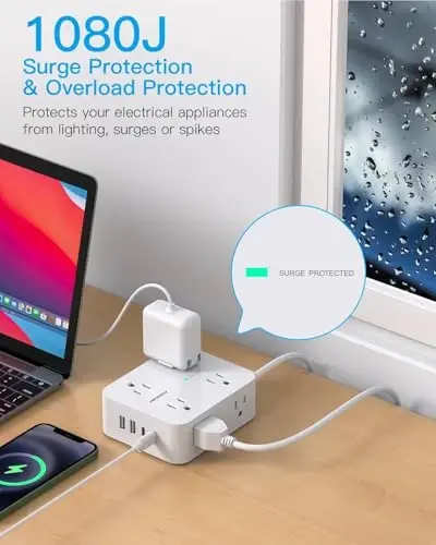 Power Strips with Surge Protection - HANYCONY 8 Widely Outlets with 4 USB Ports (2 USB C), 3-Side Outlet Extender Strip, 5 Ft Extension Cord, Ideal for Home Office College Dorm Room Essentials - 4