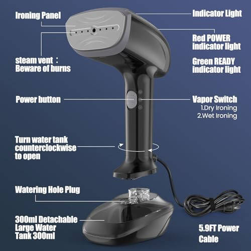 Powerful Handheld Fabric Steamer - 1800W with Fast Ceramic Heat-Up Plate, 2-in-1 Ironing & Wrinkle Remover, Steam Nozzle, Lint Brush - Black, for US 120V Only - 6