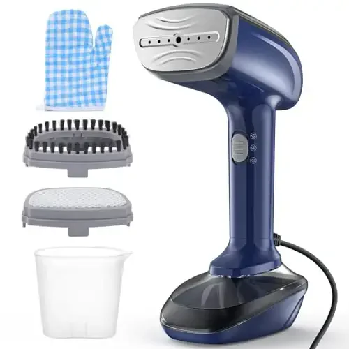 Powerful Handheld Fabric Steamer - 1800W with Fast Ceramic Heat-Up Plate, 2-in-1 Ironing & Wrinkle Remover, Steam Nozzle, Lint Brush - Blue, for US 120V Only - 1