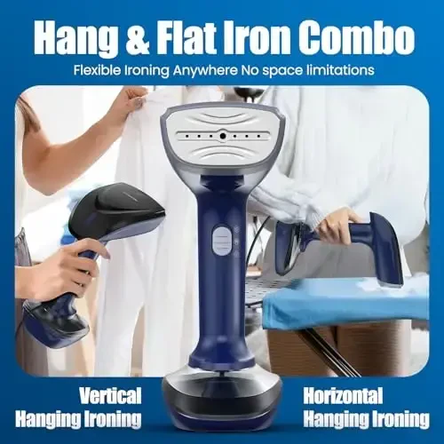 Powerful Handheld Fabric Steamer - 1800W with Fast Ceramic Heat-Up Plate, 2-in-1 Ironing & Wrinkle Remover, Steam Nozzle, Lint Brush - Blue, for US 120V Only - 3
