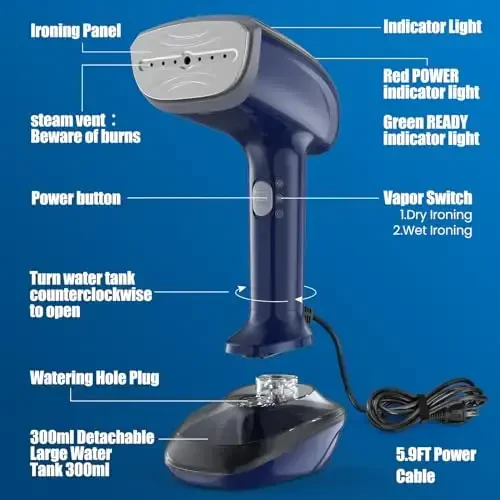 Powerful Handheld Fabric Steamer - 1800W with Fast Ceramic Heat-Up Plate, 2-in-1 Ironing & Wrinkle Remover, Steam Nozzle, Lint Brush - Blue, for US 120V Only - 6
