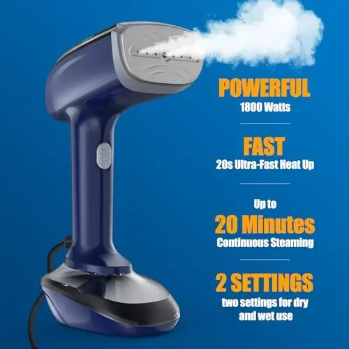 Powerful Handheld Fabric Steamer - 1800W with Fast Ceramic Heat-Up Plate, 2-in-1 Ironing & Wrinkle Remover, Steam Nozzle, Lint Brush - Blue, for US 120V Only - NTAYDZSW (1)