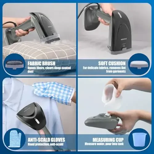 Powerful Handheld Fabric Steamer - 1800W with Fast Ceramic Heat-Up Plate, 2-in-1 Ironing & Wrinkle Remover, Steam Nozzle, Lint Brush - Gray, for US 120V Only - 3