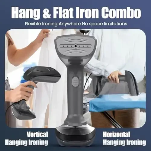 Powerful Handheld Fabric Steamer - 1800W with Fast Ceramic Heat-Up Plate, 2-in-1 Ironing & Wrinkle Remover, Steam Nozzle, Lint Brush - Gray, for US 120V Only - 6