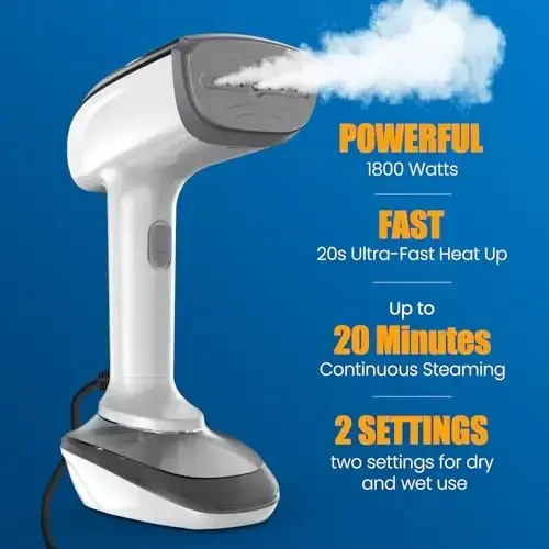 Powerful Handheld Fabric Steamer - 1800W with Fast Ceramic Heat-Up Plate, 2-in-1 Ironing & Wrinkle Remover, Steam Nozzle, Lint Brush - White, for US 120V Only - 2