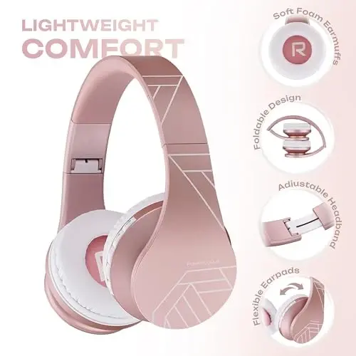 PowerLocus Wireless Bluetooth Over-Ear Stereo Foldable Headphones, Wired Headsets Rechargeable with Built-in Microphone for iPhone, Samsung, LG, iPad (Rose Gold PL Collection) - 3