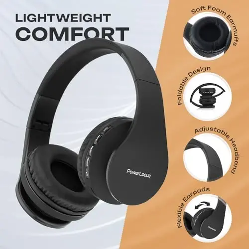 PowerLocus Wireless Bluetooth Over-Ear Stereo Foldable Headphones, Wired Headsets Rechargeable with Built-in Microphone for iPhone, Samsung, LG, iPad (Black) - 2