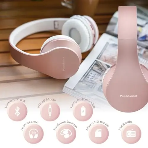PowerLocus Wireless Bluetooth Over-Ear Stereo Foldable Headphones, Wired Headsets with Built-in Microphone for iPhone, Samsung, LG, iPad (Rose Gold) - 5