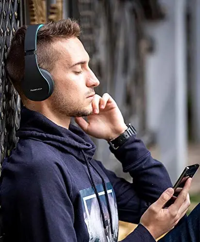 PowerLocus Wireless Bluetooth Over-Ear Stereo Foldable Headphones, Wired Headsets with Built-in Microphone for iPhone, Samsung, LG, iPad (Black/Blue) - 2