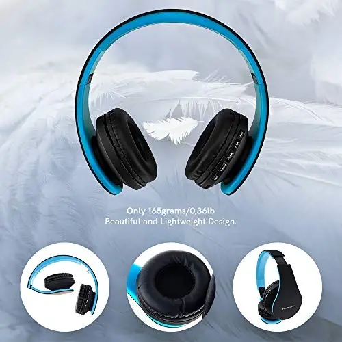 PowerLocus Wireless Bluetooth Over-Ear Stereo Foldable Headphones, Wired Headsets with Built-in Microphone for iPhone, Samsung, LG, iPad (Black/Blue) - 3