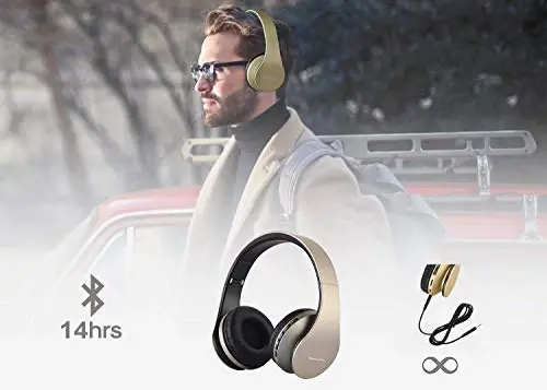 PowerLocus Wireless Bluetooth Over-Ear Stereo Foldable Headphones, Wired Headsets Rechargeable with Built-in Microphone for iPhone, Samsung, LG, iPad (Gold) - 2