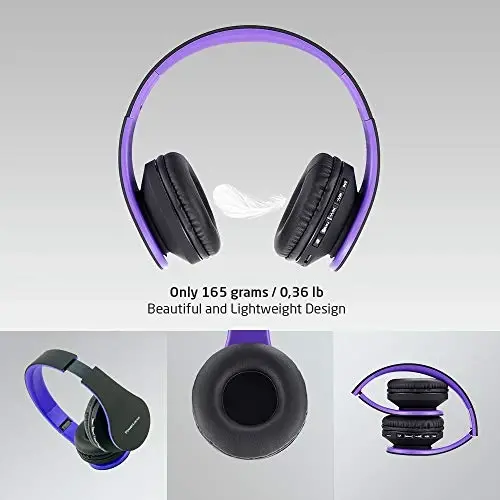 PowerLocus Wireless Bluetooth Over-Ear Stereo Foldable Headphones, Wired Headsets Rechargeable with Built-in Microphone for iPhone, Samsung, LG, iPad (Purple) - 3