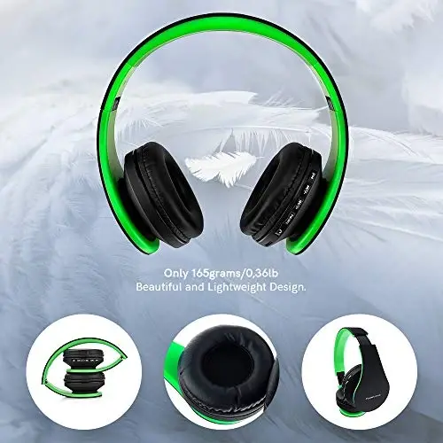 PowerLocus Wireless Bluetooth Over-Ear Stereo Foldable Headphones, Wired Headsets Rechargeable with Built-in Microphone for iPhone, Samsung, LG, iPad (Black/Green) - 3