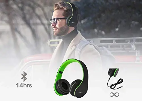 PowerLocus Wireless Bluetooth Over-Ear Stereo Foldable Headphones, Wired Headsets Rechargeable with Built-in Microphone for iPhone, Samsung, LG, iPad (Black/Green) - 4