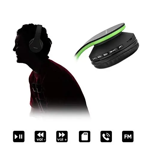 PowerLocus Wireless Bluetooth Over-Ear Stereo Foldable Headphones, Wired Headsets Rechargeable with Built-in Microphone for iPhone, Samsung, LG, iPad (Black/Green) - 5