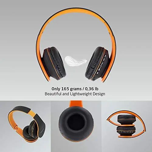 PowerLocus Wireless Bluetooth Over-Ear Stereo Foldable Headphones, Wired Headsets Rechargeable with Built-in Microphone for iPhone, Samsung, LG, iPad (Orange) - 2