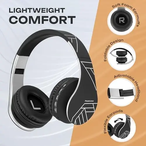 PowerLocus Wireless Bluetooth Over-Ear Stereo Foldable Headphones, Wired Headsets Rechargeable with Built-in Microphone for iPhone, Samsung, LG, iPad (Black/Silver) - 2