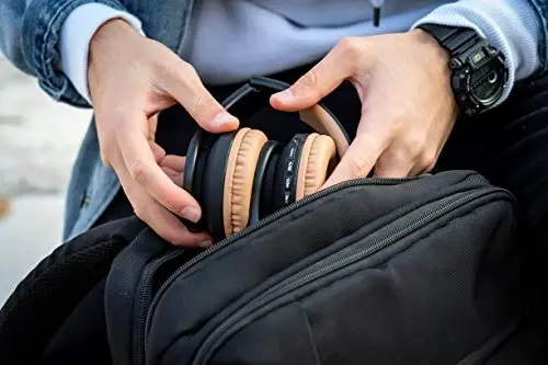 PowerLocus Wireless Bluetooth Over-Ear Stereo Foldable Headphones, Wired Headsets Rechargeable with Built-in Microphone for iPhone, Samsung, LG, iPad (Black/Brown) - 4