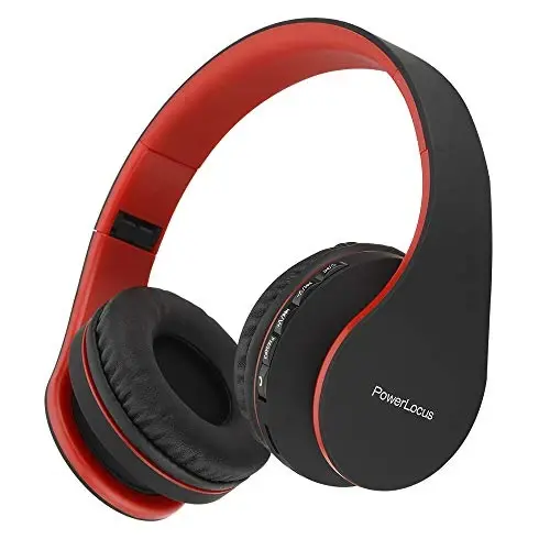 PowerLocus Wireless Bluetooth Over-Ear Stereo Foldable Headphones, Wired Headsets Rechargeable with Built-in Microphone for iPhone, Samsung, LG, iPad (Black/Red) - 1