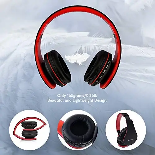 PowerLocus Wireless Bluetooth Over-Ear Stereo Foldable Headphones, Wired Headsets Rechargeable with Built-in Microphone for iPhone, Samsung, LG, iPad (Black/Red) - 2