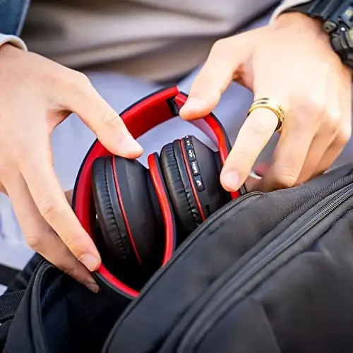 PowerLocus Wireless Bluetooth Over-Ear Stereo Foldable Headphones, Wired Headsets Rechargeable with Built-in Microphone for iPhone, Samsung, LG, iPad (Black/Red) - 5