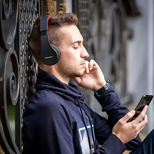PowerLocus Simsiz Bluetooth Quloq usti Stereo Katlanadigan Eshitish vositalari, iPhone, Samsung, LG, iPad uchun oʻrnatilgan mikrofonli simli qayta zaryadlanuvchi eshitish vositalari (Qora/Qizil) - 3