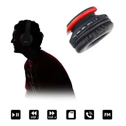 PowerLocus Simsiz Bluetooth Quloq usti Stereo Katlanadigan Eshitish vositalari, iPhone, Samsung, LG, iPad uchun oʻrnatilgan mikrofonli simli qayta zaryadlanuvchi eshitish vositalari (Qora/Qizil) - 6