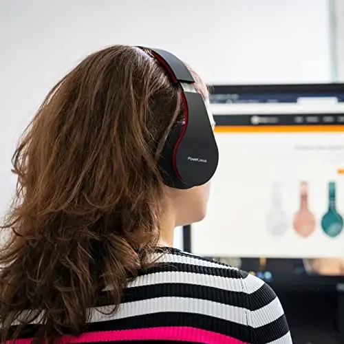 PowerLocus Simsiz Bluetooth Quloq usti Stereo Katlanadigan Eshitish vositalari, iPhone, Samsung, LG, iPad uchun oʻrnatilgan mikrofonli simli qayta zaryadlanuvchi eshitish vositalari (Qora/Qizil) - 4