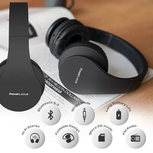 PowerLocus Simsiz Bluetooth Quloq ustidagi Stereo Buklanadigan Eshitish vositalari, iPhone, Samsung, LG, iPad uchun o'rnatilgan mikrofonli simli qayta zaryadlanuvchi eshitish vositalari (qora) - 4