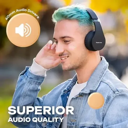PowerLocus Simsiz Bluetooth Quloq ustidagi Stereo Buklanadigan Eshitish vositalari, iPhone, Samsung, LG, iPad uchun o'rnatilgan mikrofonli simli qayta zaryadlanuvchi eshitish vositalari (qora) - 3