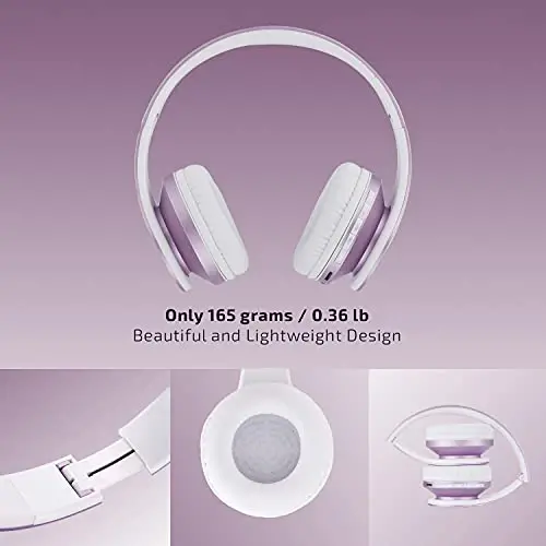PowerLocus Simsiz Bluetooth Quloq ustidagi Stereo Katlanadigan Eshitish vositalari, iPhone, Samsung, LG, iPad uchun o'rnatilgan mikrofonli simli qayta zaryadlanuvchi eshitish vositalari (Binafsha/Oq) - 4