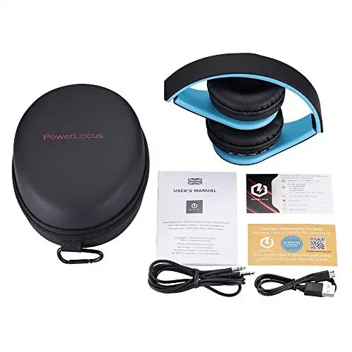 PowerLocus Simsiz Bluetooth Quloqchinlari Stereo Yig'iladigan Eshitish vositalari, iPhone, Samsung, LG, iPad uchun O'rnatilgan Mikrofonli Simli гарнитура (Qora/Ko'k) - 5
