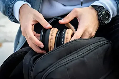 PowerLocus Wireless Bluetooth Over-Ear Stereo Foldable Headphones, Wired Headsets Rechargeable with Built-in Microphone for iPhone, Samsung, LG, iPad (Black/Brown) - 4