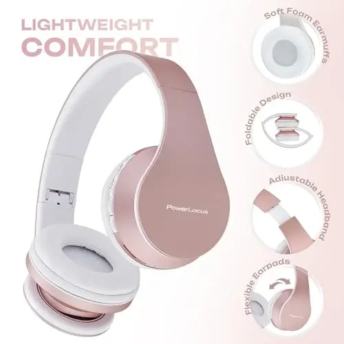 PowerLocus Wireless Bluetooth Over-Ear Stereo Foldable Headphones, Wired Headsets with Built-in Microphone for iPhone, Samsung, LG, iPad (Rose Gold) - 2