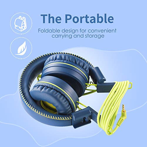 POWMEE M1 Kids Headphones Wired Headphone for Kids, Foldable Adjustable Stereo Tangle-Free, 3.5MM Jack Wire Cord On-Ear Headphone for Children (Blue) - 3