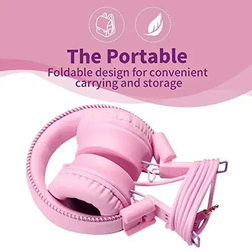 POWMEE M2 Bolalar uchun quloqchin simli quloqchin, bolalar uchun buklanadigan sozlanishi stereo chigallashmaydigan, 3,5 mm Jack simli simli quloqchin bolalar/o'smirlar/qizlar/maktab/Kindle/Samolyot/Samolyot uchun (pushti) - 4