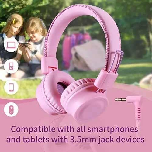 POWMEE M2 Bolalar uchun quloqchin simli quloqchin, bolalar uchun buklanadigan sozlanishi stereo chigallashmaydigan, 3,5 mm Jack simli simli quloqchin bolalar/o'smirlar/qizlar/maktab/Kindle/Samolyot/Samolyot uchun (pushti) - 3