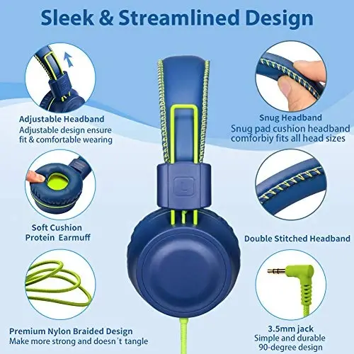 POWMEE M2 Bolalar Uchun Simli Quloqchinlar Bolalar Uchun, Katlanadigan Sozlanadigan Stereo Chaqalmashmas, 3.5MM Jak Simli Quloq Usti Quloqchin Bolalar/O'smirlar/Qizlar/Maktab/Kindle/Samolyot/Samolyot/ (Ko'k) - POWMEE (1)
