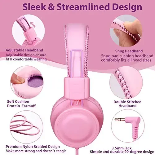 POWMEE M2 Kids Headphones Wired Headphone for Kids,Foldable Adjustable Stereo Tangle-Free,3.5MM Jack Wire Cord On-Ear Headphone for Children/Teens/Girls/School/Kindle/Airplane/Plane/ (Pink) - 2