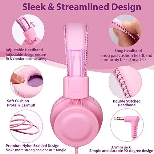 POWMEE M2 Kids Headphones Wired Headphone for Kids,Foldable Adjustable Stereo Tangle-Free,3.5MM Jack Wire Cord On-Ear Headphone for Children/Teens/Girls/School/Kindle/Airplane/Plane/ (Pink) - 2