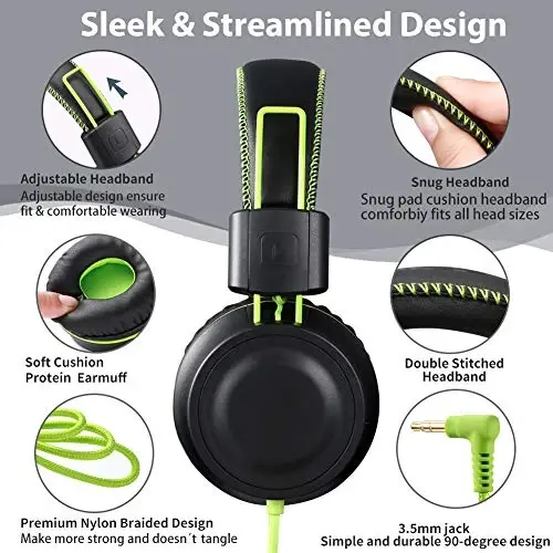 POWMEE M2 Kids naushniklari bolalar uchun simli naushnik, buklanadigan sozlanishi stereo chigallashmaydigan, 3,5 mm jack simli simli quloqchinlar bolalar/o'smirlar/qizlar/maktab/Kindle/samolyot/samolyot uchun (qora) - 2
