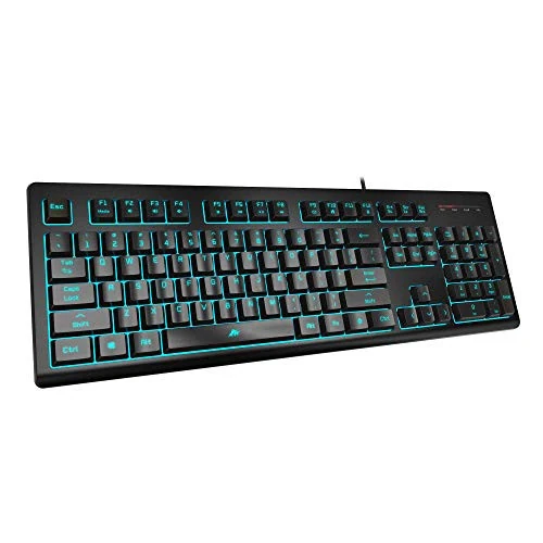 POWZAN Light Up Quiet Gaming Keyboard - Membrane Silent Wired Keyboard with Low Profile Lighted Key for Computer, Windows PC Gamer - Full Size, Black - POWZAN